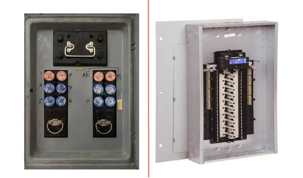 Comparison between an outdated fuse box and modern 200 amp electrical panel upgrade