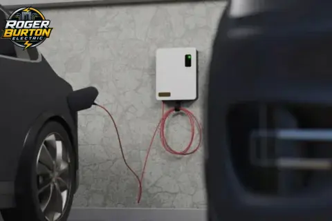 Level 2 EV charger securely mounted on a garage wall for home charging in Vancouver, WA.
