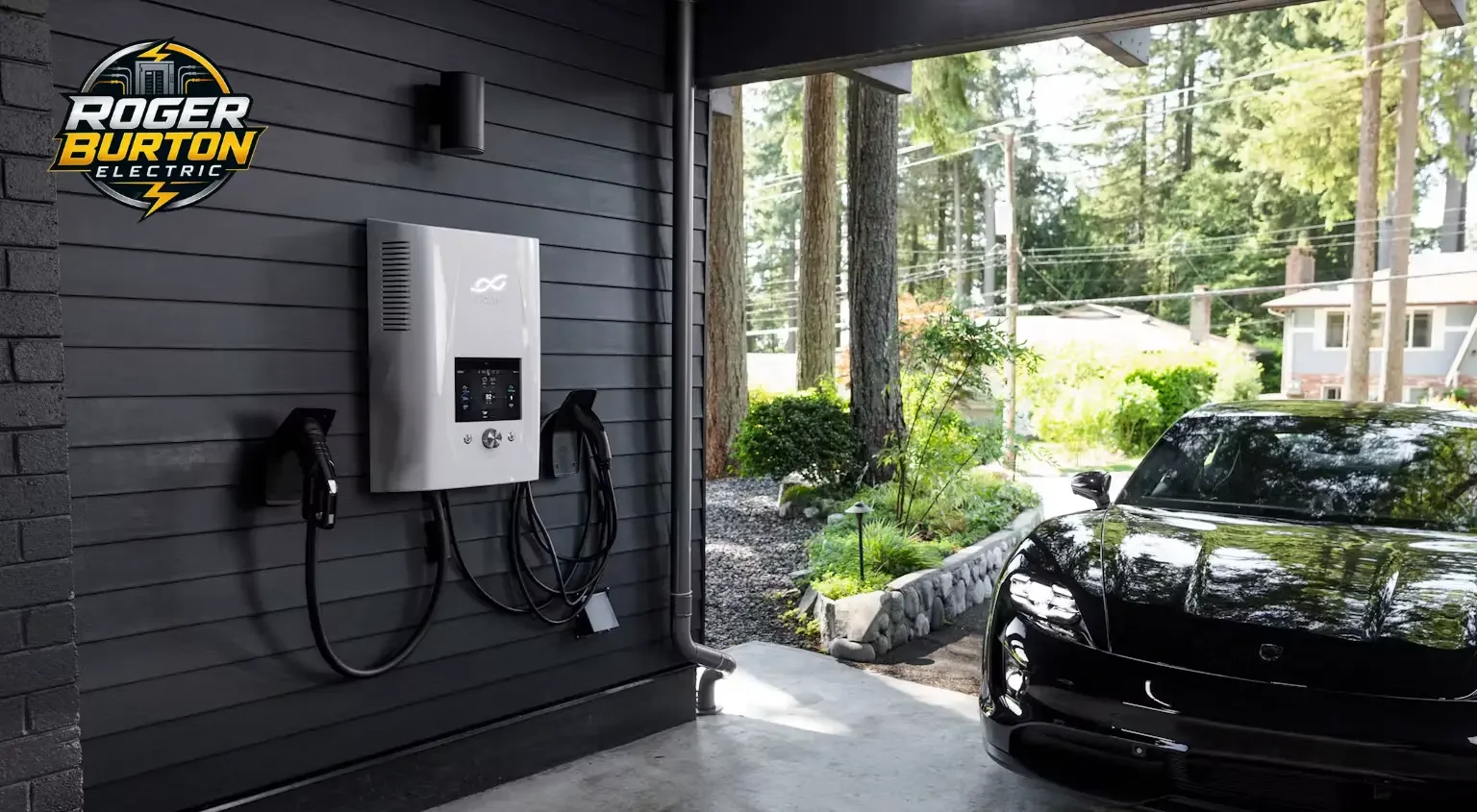 Certified electrician completing a garage EV charger installation in Vancouver, Washington.