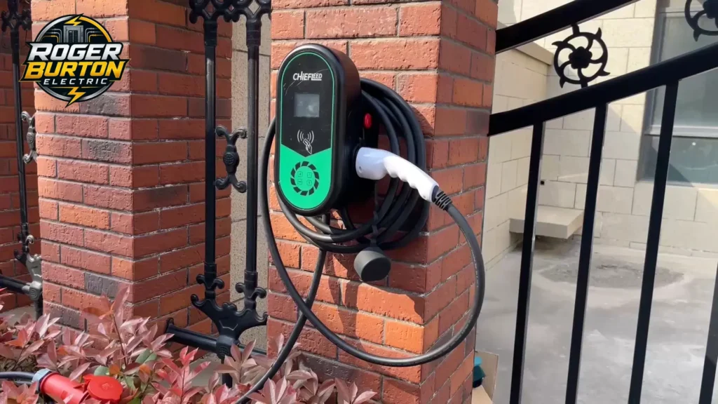Wall-mounted EV charging station installed inside a modern home garage in Vancouver, WA.