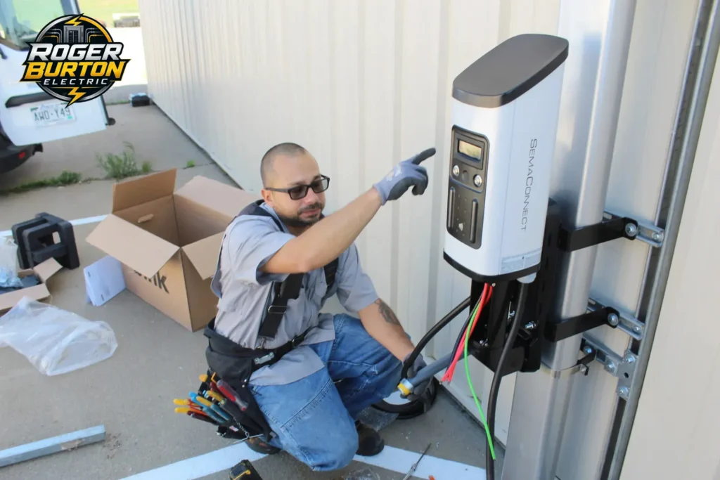 Electric vehicle charger professionally installed in a residential garage in Vancouver, WA.