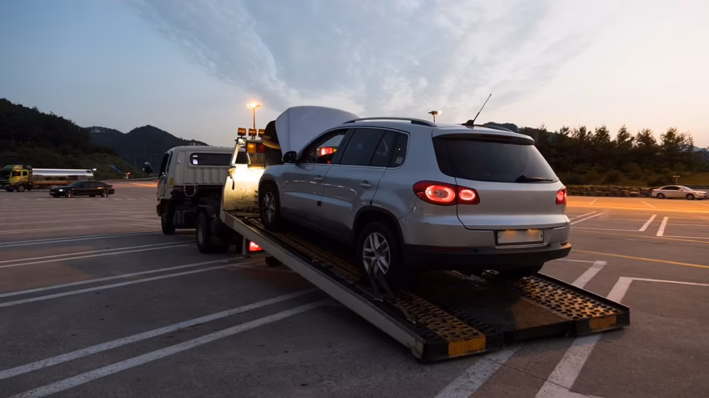 A professional flatbed tow truck loading a damaged vehicle after recovery on a roadside in Troy Michigan