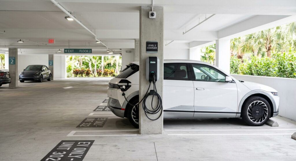 Condo EV Charging Installation Sarasota, FL in a condo parking garage