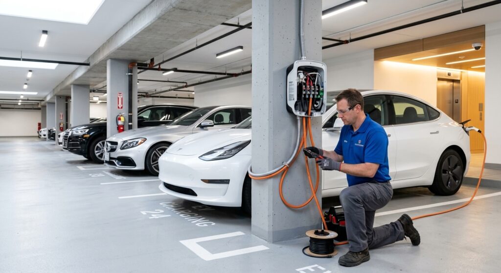 Professional electrician installing an EV charger for a condo in Sarasota, FL